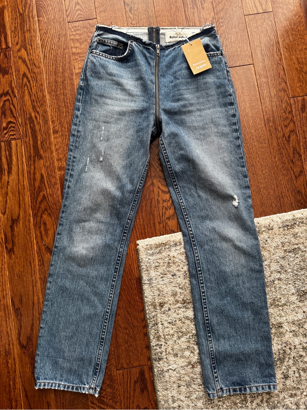 Reformation Mid-Blue Front Zip Distressed Jeans